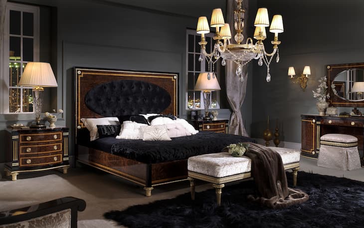 Luxury bedroom: headboard, bedside tables and ambient lighting